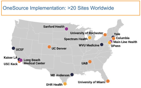 Map showing US clinical trial sites of OneSource EHR eSource implementation